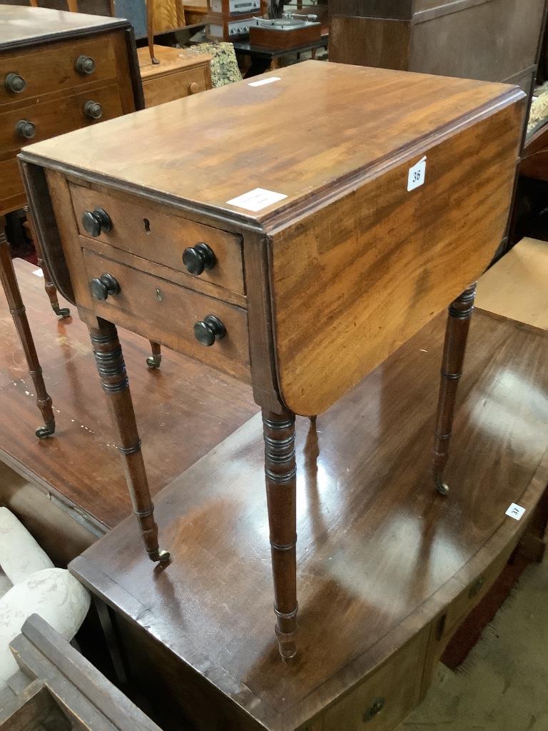 A Regency mahogany drop leaf work table, width 50cm depth 35cm height 68cm